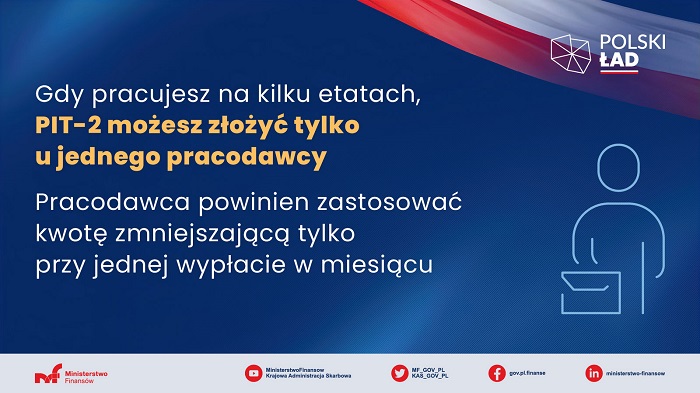 Granatowa grafika. Z prawej strony Polska flaga. Na grafice informacja o nowej kwocie zmniejszającej podatek