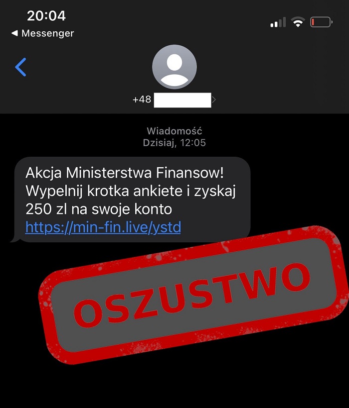 Zrzut ekranu telefonu z fałszywym sms
