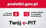 Na czerwono białym tle strona internetowa www.podatki.gov.pl na której można skorzystać z serwisu e-Urząd Skarbowy i umówić wizytę w urzędzie skarbowym