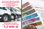 Grafika przedstawia samochody transportowe oraz fakturę VAT z banknotami.