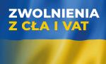 Flaga Ukrainy. Na fladze napis zwolnienia z cła i vat.